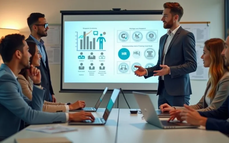HR manager presenting to a diverse business team with charts, resumes, and payroll icons in a professional office setting.