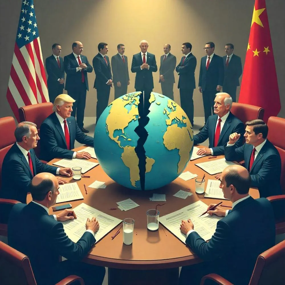 Cracked globe at tense summit with Western leaders; Russia and China watch.