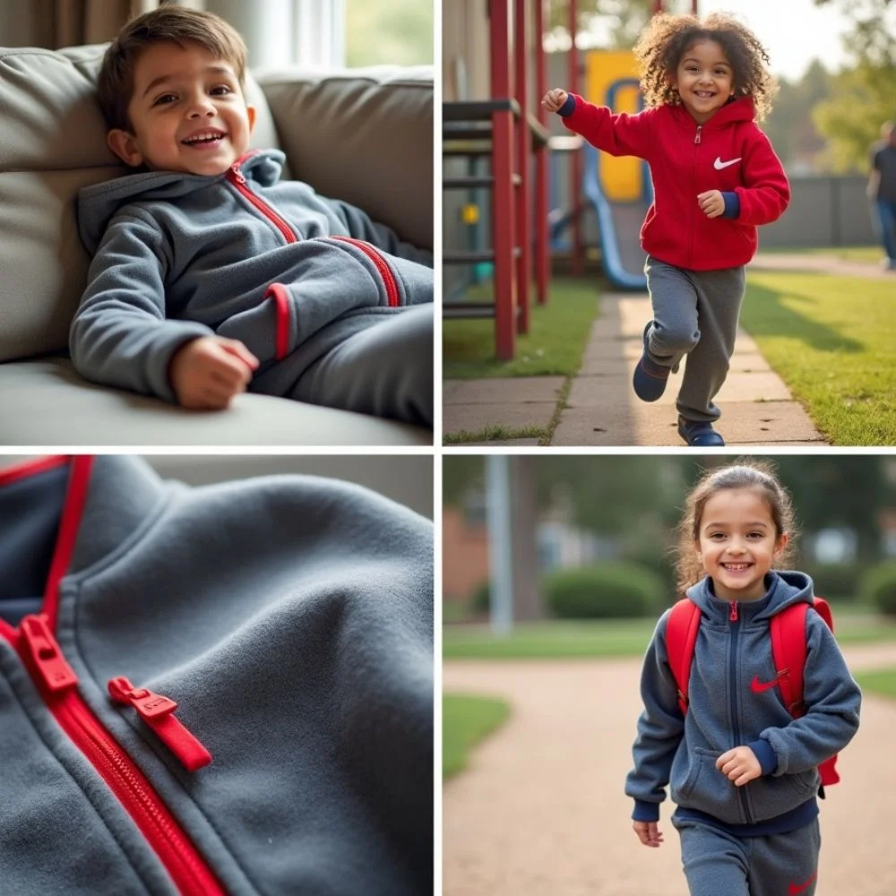 Collage of kids wearing Nike Tech Fleece while playing, lounging, and going to school, showing comfort, warmth, and flexibility.