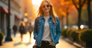 Image of Woman wearing a denim jean jacket styled for different seasons, showcasing fashion versatility and timeless wardrobe ideas.