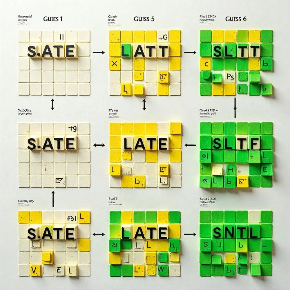 Visual of "Step-by-step Wordle guesses showing color clues leading to correct word BANAL" 