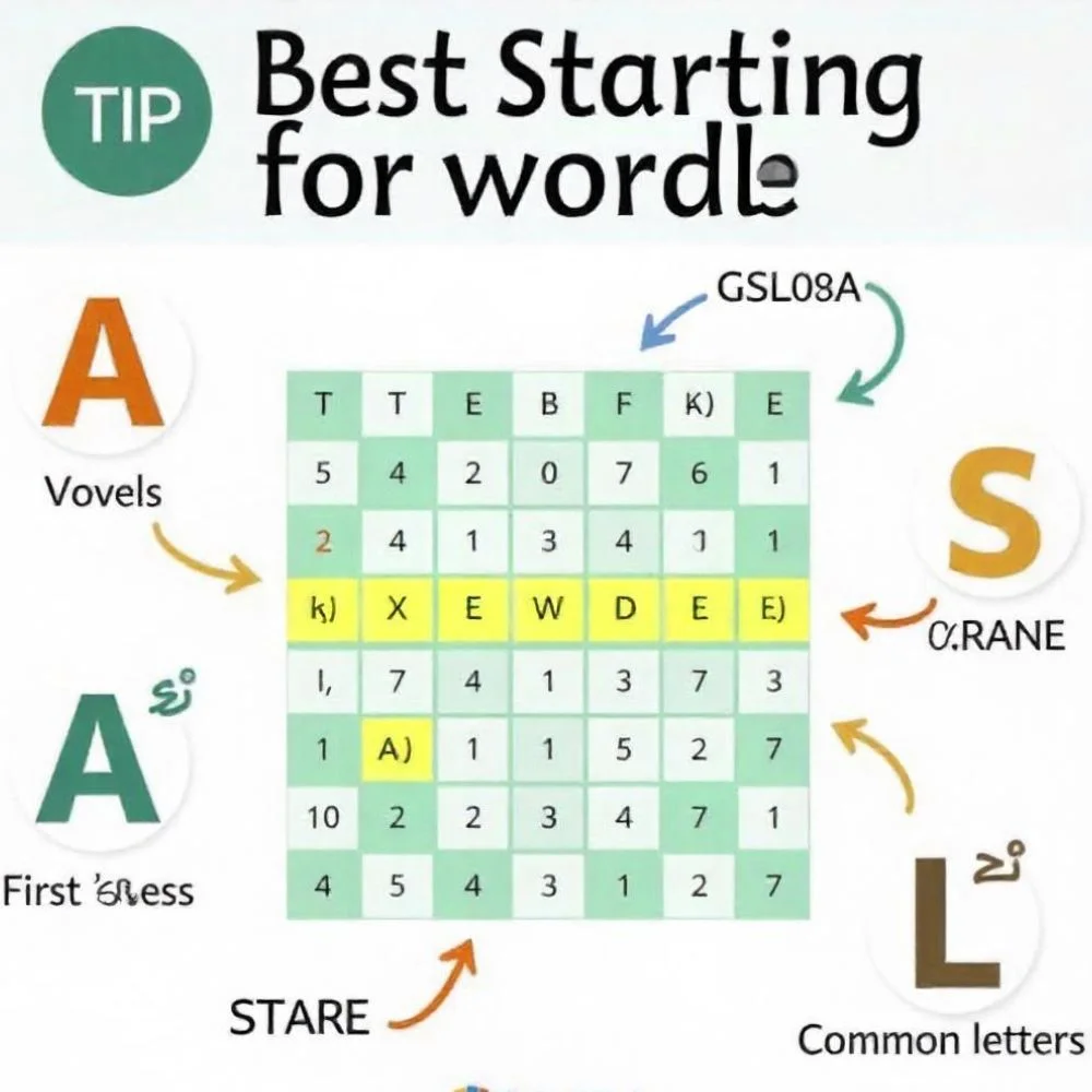 image of "Wordle starting tips with grid, common letters, and starting words like STARE and AUDIO" 