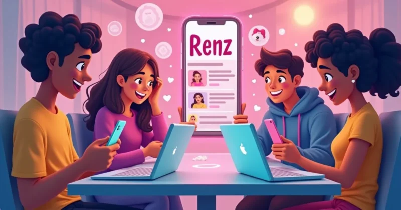 Teens using Renz app on phones with chat and media icons.