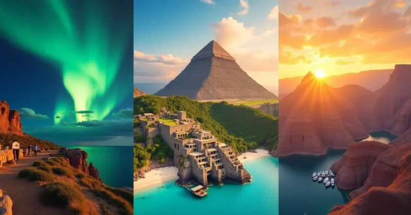 Image of a collage of top bucket list travel destinations around the world including Iceland, Machu Picchu, Bora Bora, and the Grand Canyon.
