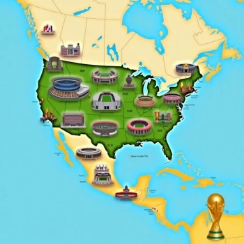Image of Map showing Football World Cup 2026 host cities and stadium upgrades in the USA, Canada, and Mexico.