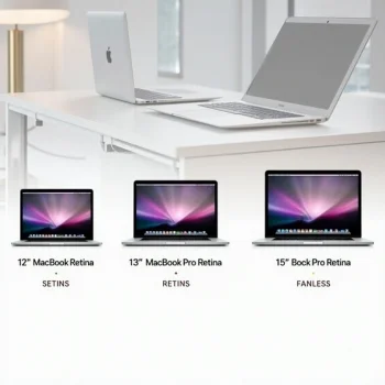 Image of Side-by-side comparison of MacBook 2015 models with Retina displays and key feature callouts