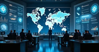 Image of Futuristic NATO strategy command center with cyber tech and defense visuals