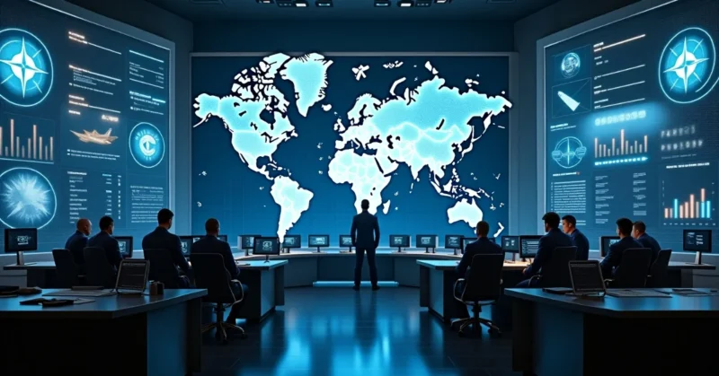 Image of Futuristic NATO strategy command center with cyber tech and defense visuals