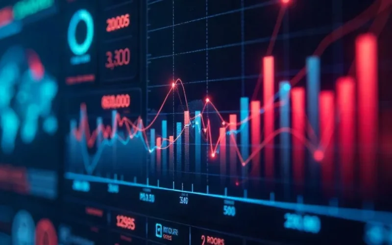 Image of Futuristic stock market dashboard showing Oklo stock updates with clean energy and nuclear power icons.