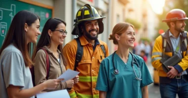 Image of community helpers including a teacher, nurse, firefighter, bus driver, and sanitation worker supporting daily life.