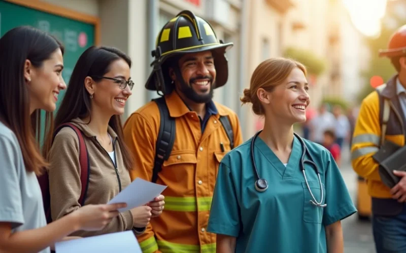 Image of community helpers including a teacher, nurse, firefighter, bus driver, and sanitation worker supporting daily life.