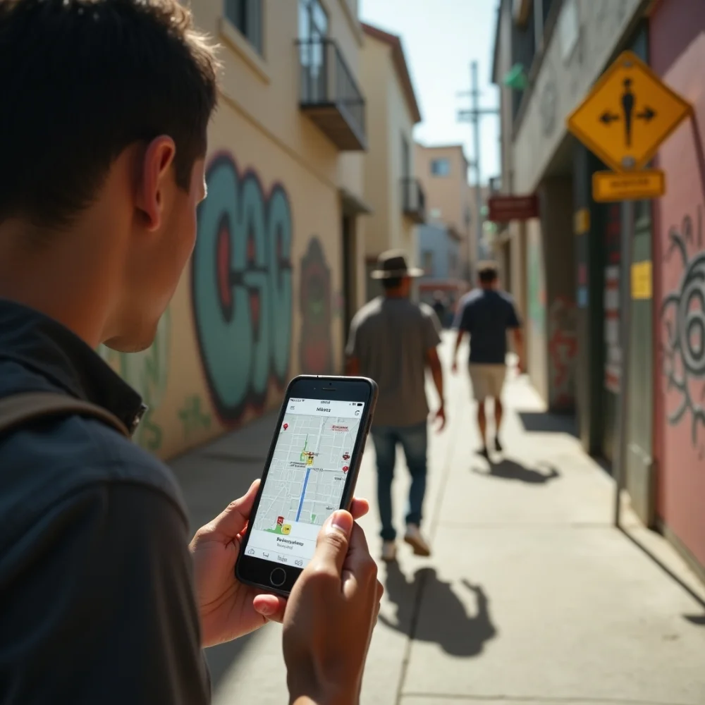 Image of Tourist using a gang map app to navigate safely in Los Angeles.