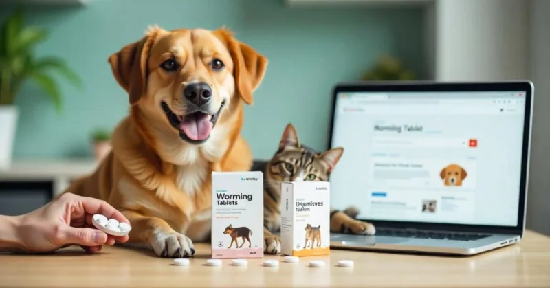 Worming tablets for pets placed on a table next to a cat and dog, with a laptop showing Google Search Console in the background.