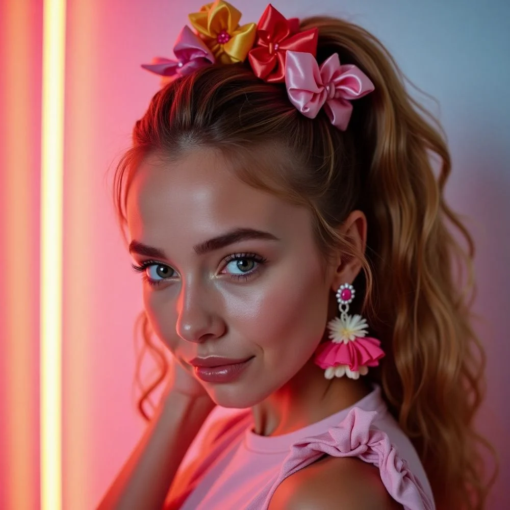 Image of Side ponytail with scrunchies and ribbons