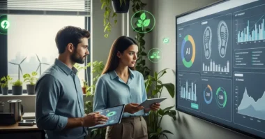 Professionals using AI tools to review sustainability data in a modern office.