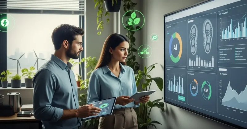 Professionals using AI tools to review sustainability data in a modern office.