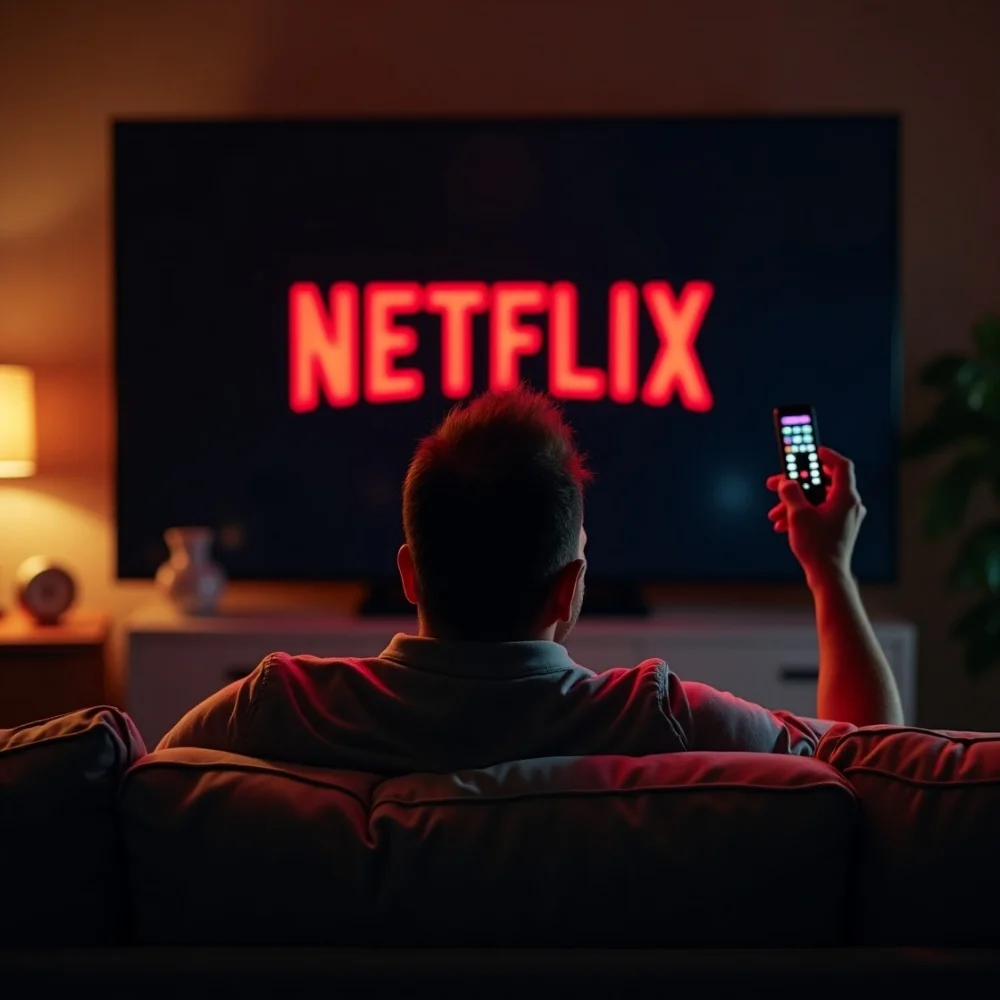 Image of Adam Sandler with Netflix screen and film icons in background.