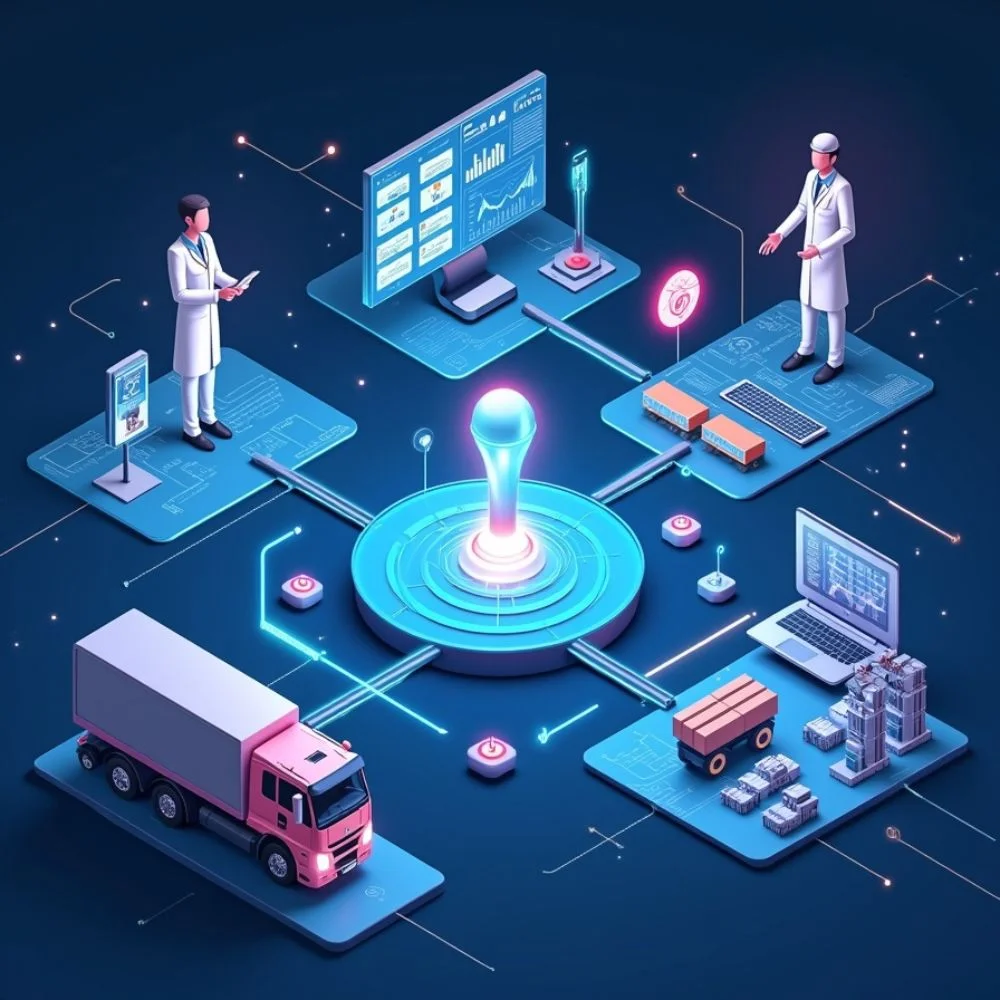 Infographic illustrating Agentic AI transforming industries like healthcare with smart diagnostics, finance with fraud detection, retail with personalized shopping, and logistics with autonomous delivery and predictive planning. 