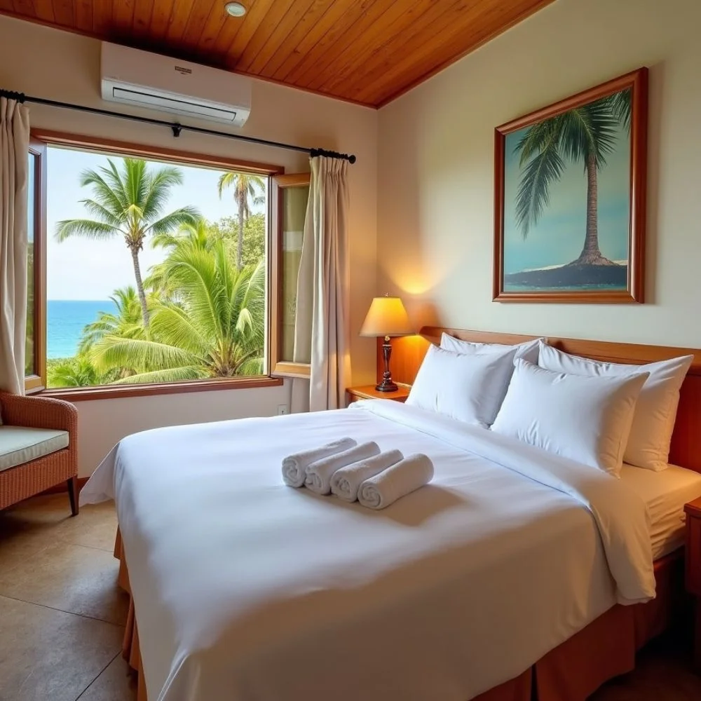 Spacious hotel rooms at Anna Island Hotel featuring clean beds, tropical decor, private balconies, and ocean views. 