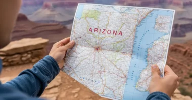 Person holding a map labeled "Arizona" with canyons in the background.