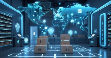 Futuristic warehouse and retail tech using RFID, barcodes, biometrics, and IoT in 2025.