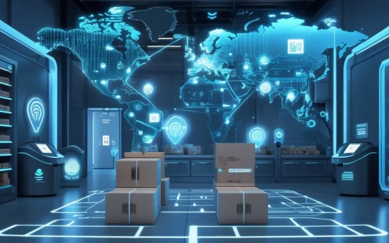 Futuristic warehouse and retail tech using RFID, barcodes, biometrics, and IoT in 2025.