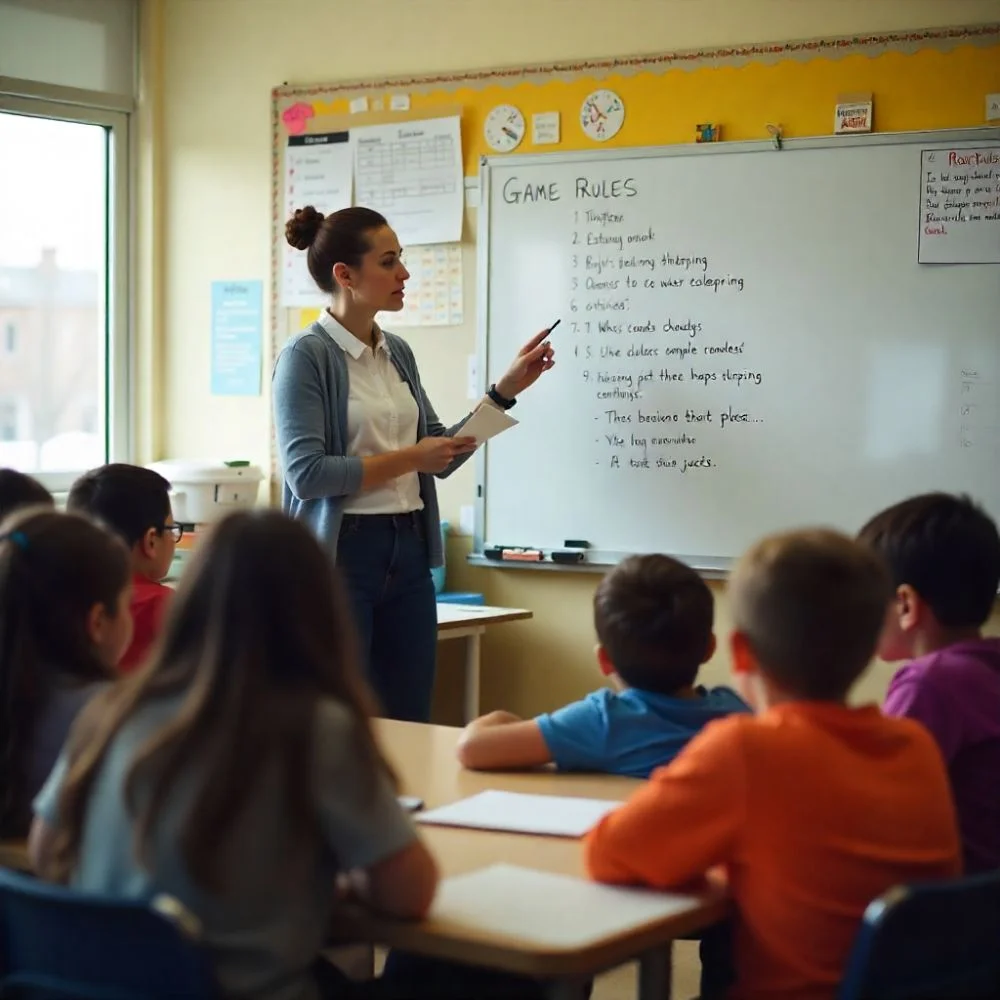 Teacher pausing a classroom game to maintain control and focus.