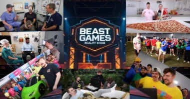 Collage of MrBeast’s Beast Games reality show and various challenge moments.