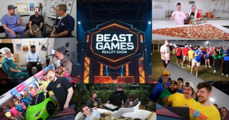 Collage of MrBeast’s Beast Games reality show and various challenge moments.