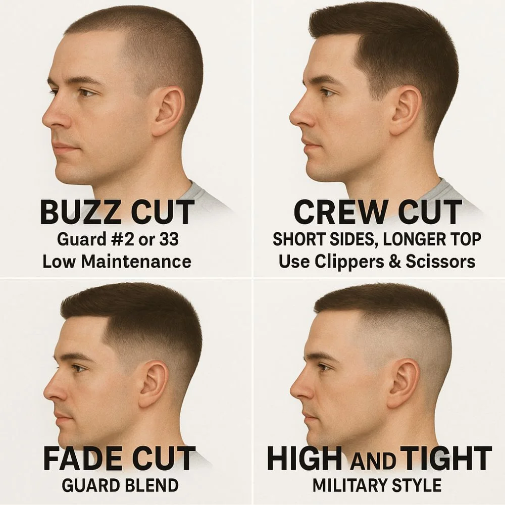  2x2 collage of four beginner-friendly men’s haircuts with labels: Buzz Cut, Crew Cut, Fade Cut, and High and Tight.