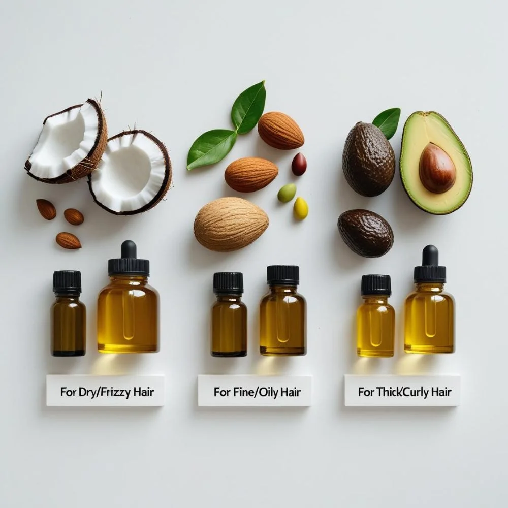 Flat lay of oils grouped by hair type with natural ingredients.