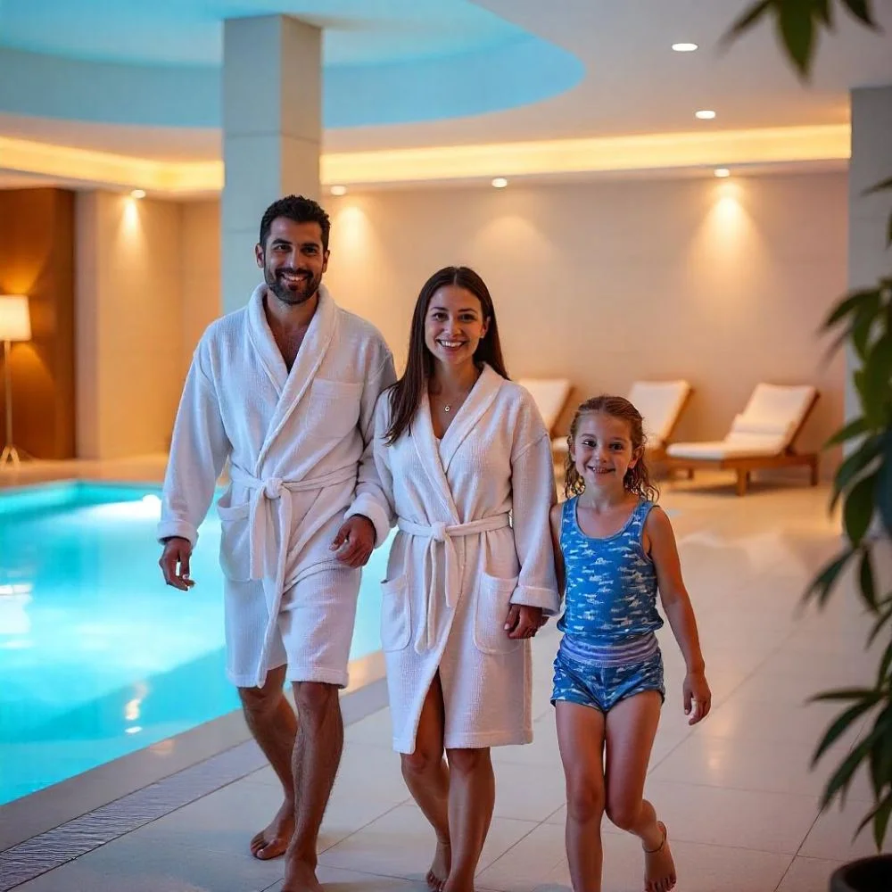 Family enjoying a UK spa resort with kid-friendly pools and adult spa areas. 