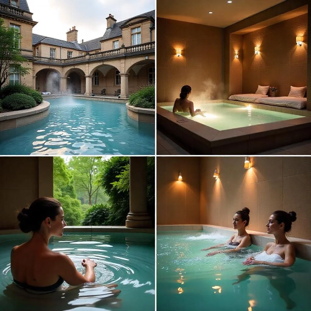 Guests enjoying thermal pools and hydrotherapy at a UK spa with scenic views. 