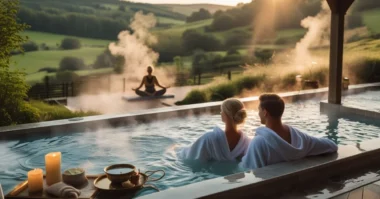 Couple relaxing at a luxury countryside spa retreat with thermal pool and forest views.