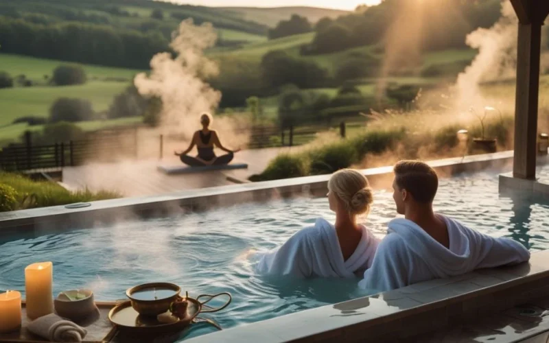 Couple relaxing at a luxury countryside spa retreat with thermal pool and forest views.