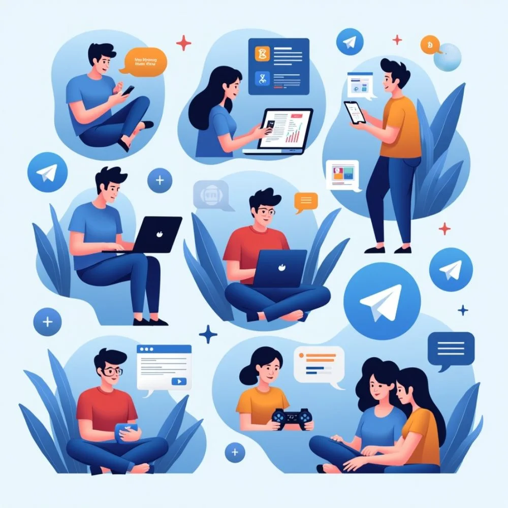 People using Telegram on their devices for news, jobs, learning, crypto, tech, entertainment, chatting, and motivation in 2025. 