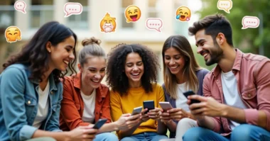Image of Young friends playing fun Instagram games together using DMs and Stories in 2025.