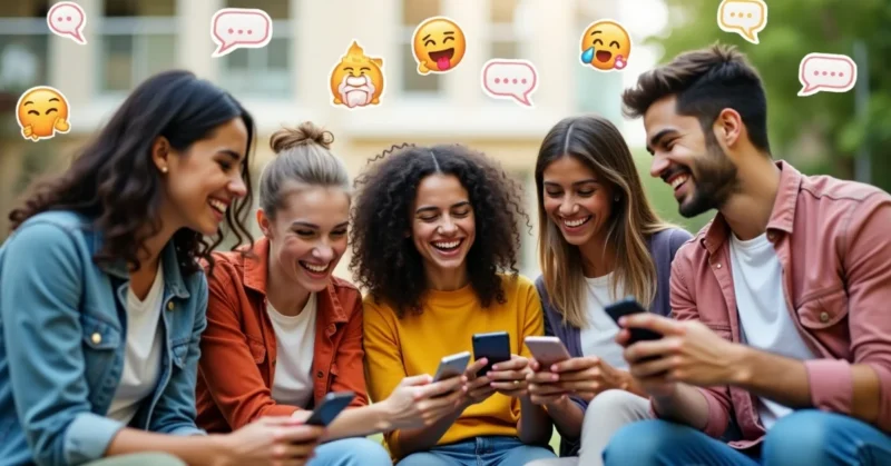 Image of Young friends playing fun Instagram games together using DMs and Stories in 2025.