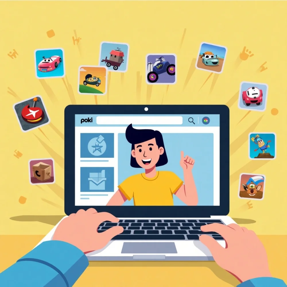 Image of User exploring best tips to find fun games on Poki.com with visible categories and top-rated game icons.