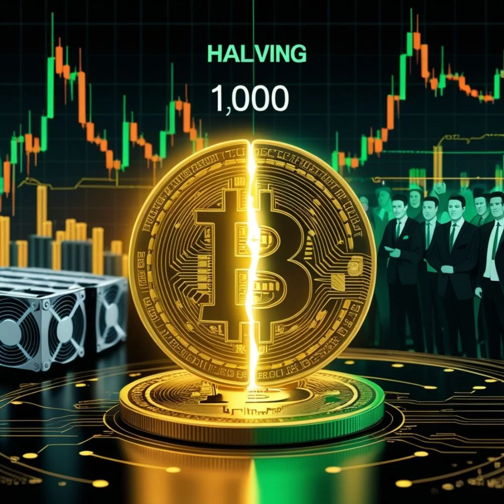 Bitcoin halving concept showing split Bitcoin, bullish price chart, mining rig, and investor excitement.