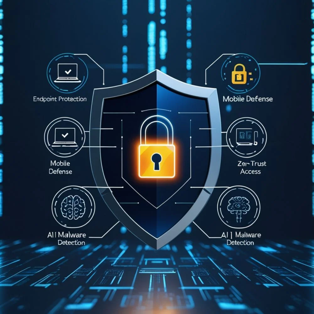 Cybersecurity shield with icons for endpoint protection, mobile defense, zero-trust, and AI malware detection. 