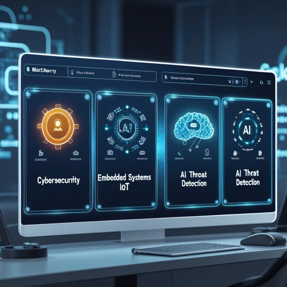 Digital tech interface showing BlackBerry's core services: cybersecurity, embedded systems, IoT, and AI threat detection. 
