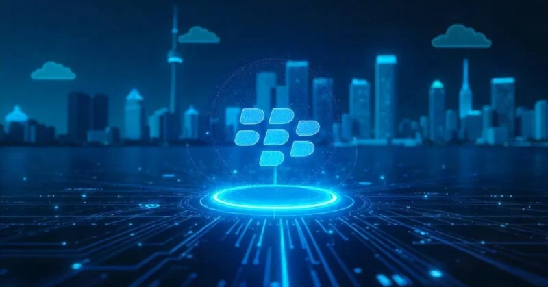 BlackBerry logo with rising stock chart, cybersecurity, AI, and IoT icons over Toronto skyline.
