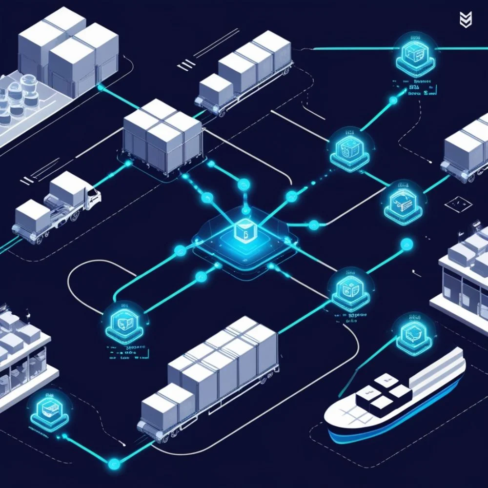 Blockchain tracking a product from farm to store with real-time data and verified origin.