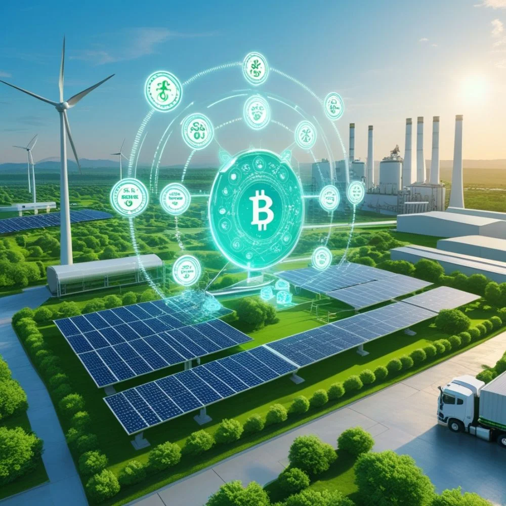 Green city using blockchain to track energy use, carbon footprint, and eco-friendly supply chains.