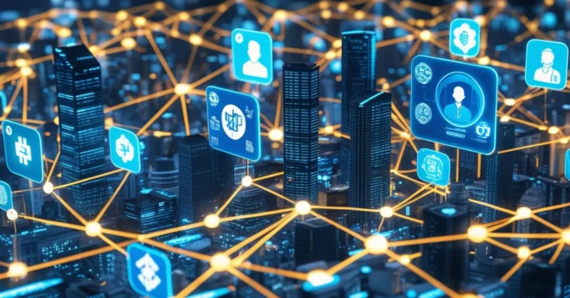 Futuristic city using blockchain across finance, healthcare, voting, and digital services.