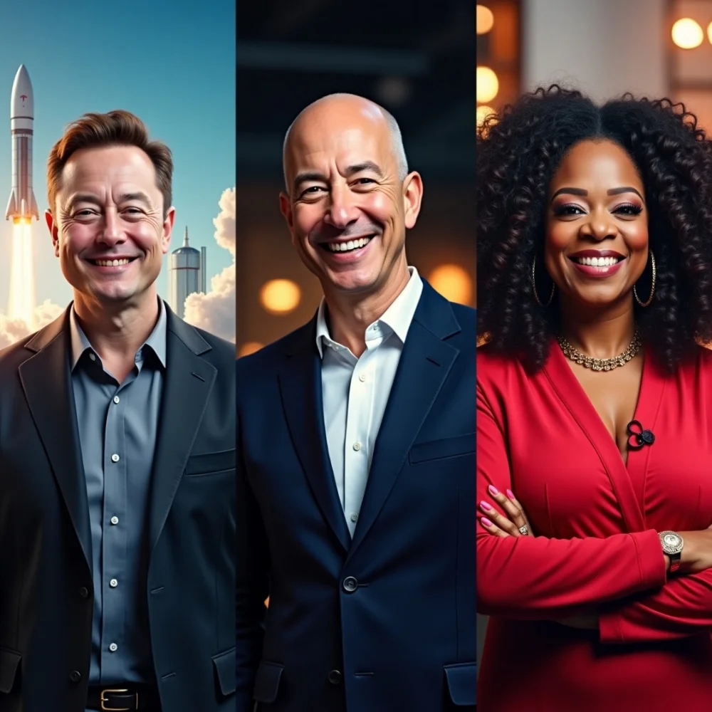 Image of Bold visionary famous entrepreneurs Elon Musk, Jeff Bezos, Oprah Winfrey.