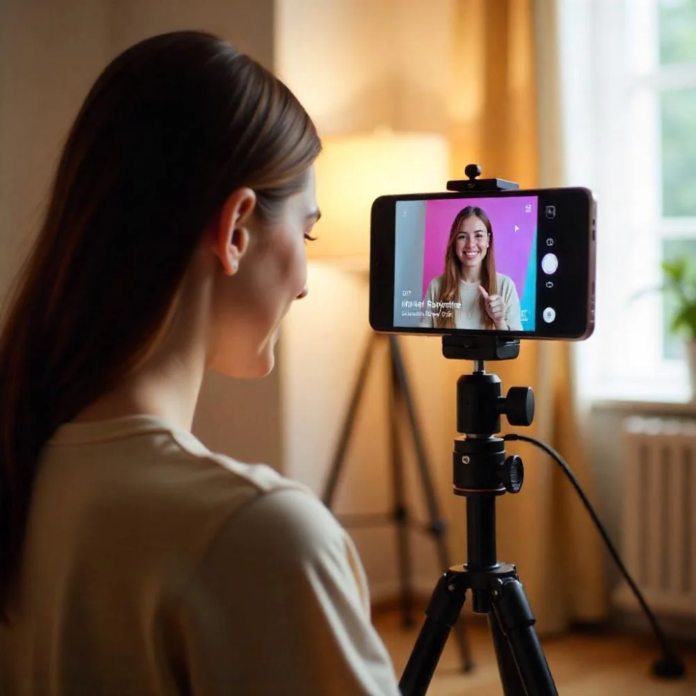 Creator filming vertical Short with bold text and music. 