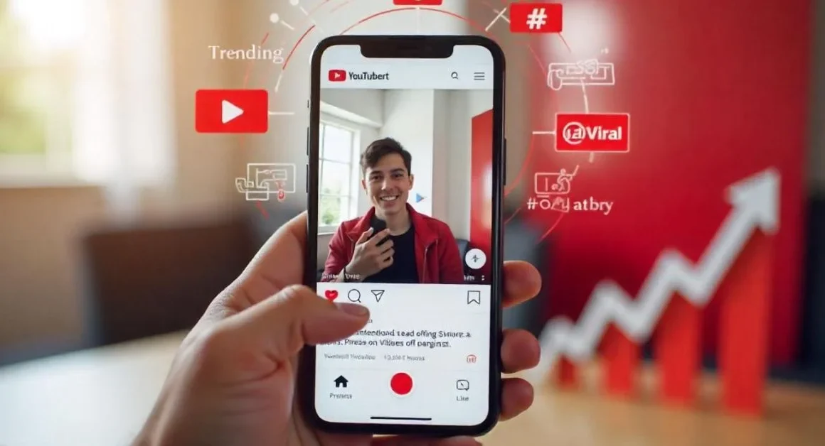 Creator filming YouTube Short on phone with growth icons.