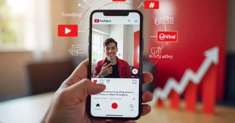 Creator filming YouTube Short on phone with growth icons.